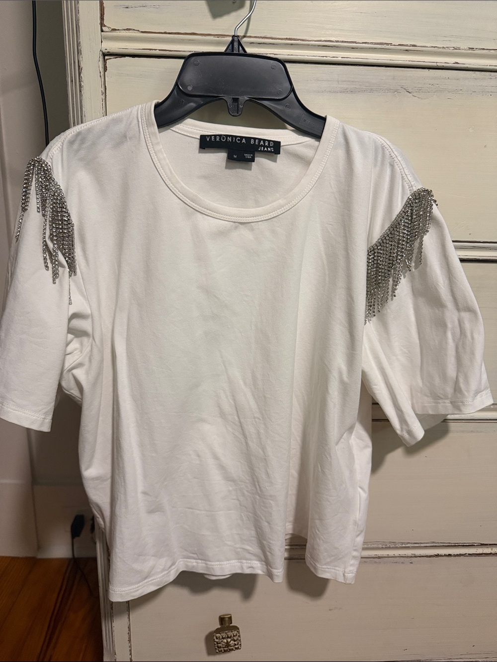 Veronica Beard White Short-Sleeve Tee with Silver Shoulder Fringe